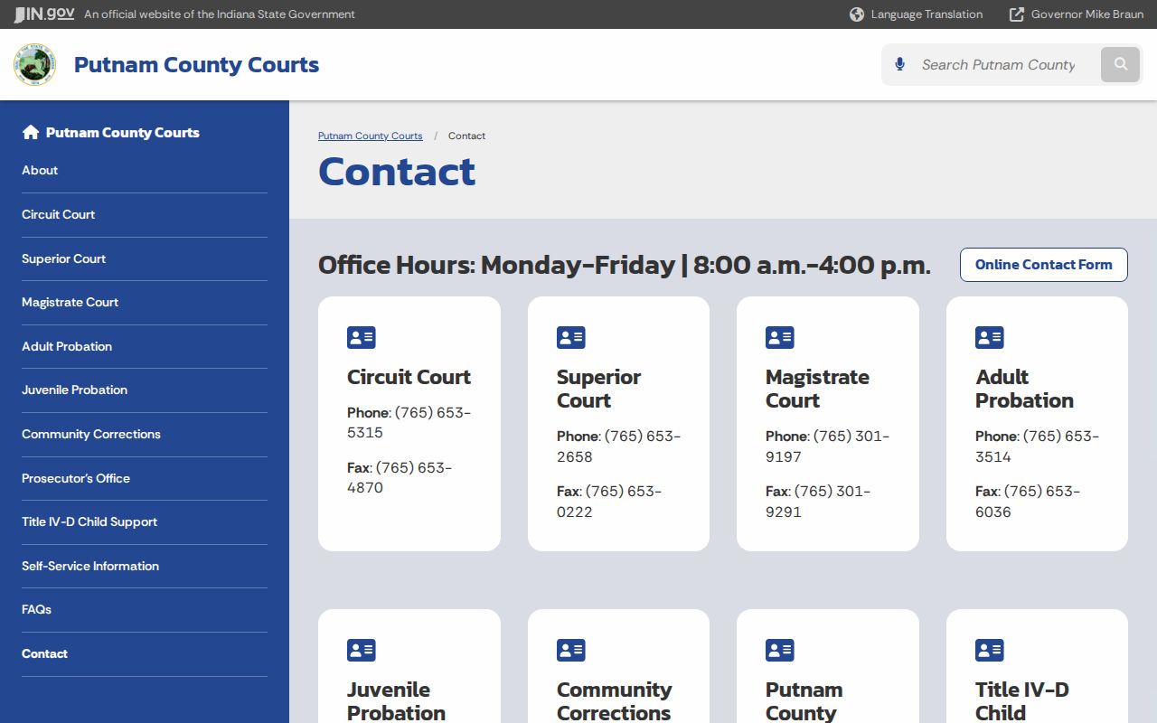 Putnam County municipal court warrant court contact list